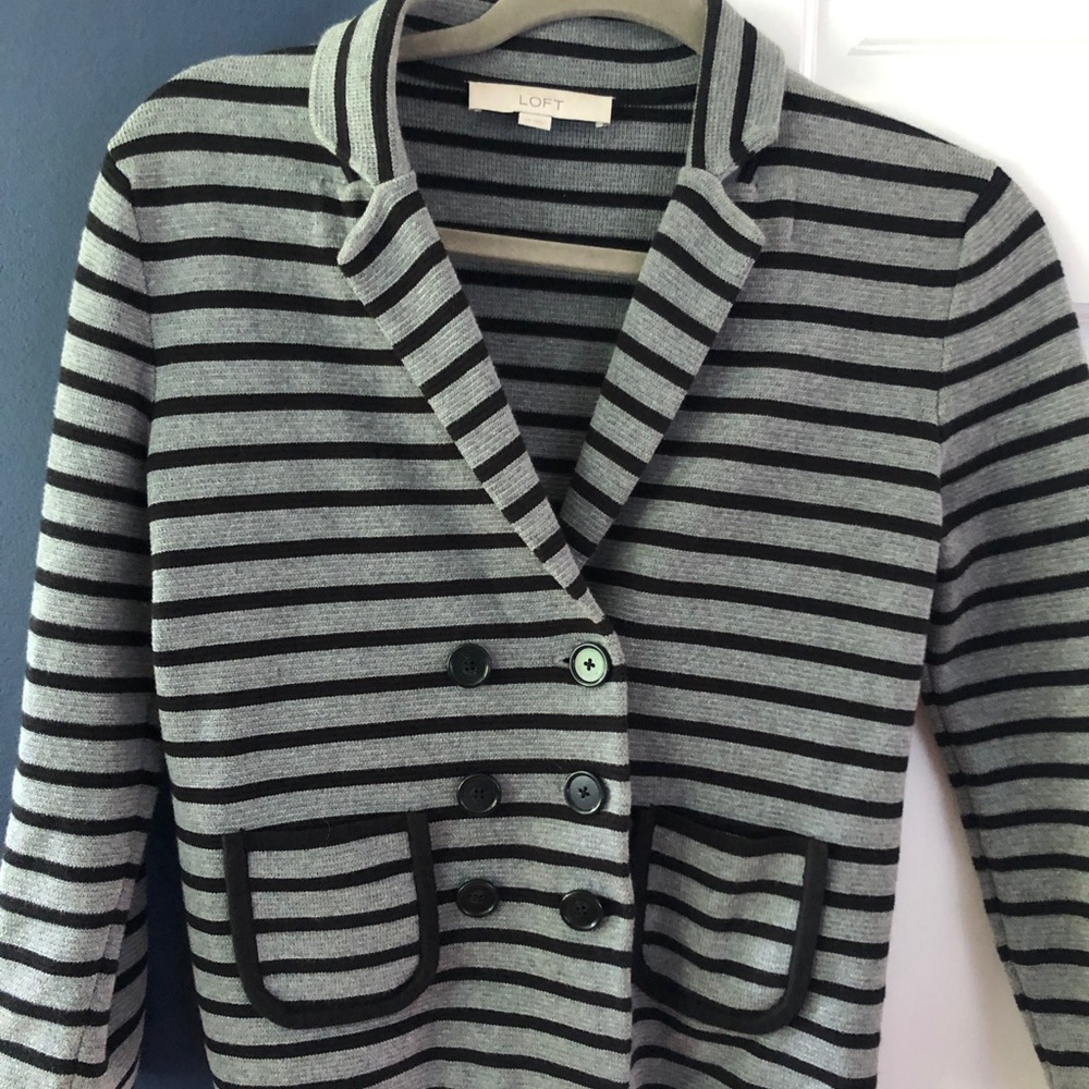 Double breasted striped sweater jacket with pockets
